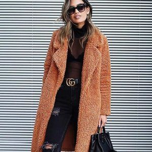 Angashion Fuzzy Fleece Lapel Open Front Long Cardigan Coat Faux Fur